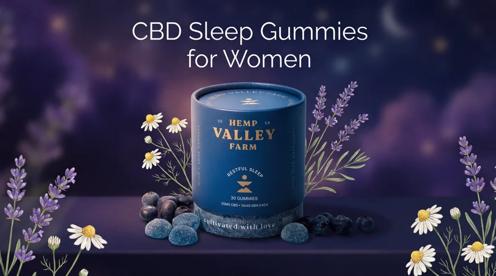 Full-spectrum CBD sleep gummies for women with calming lavender and chamomile, Hemp Valley Farm product