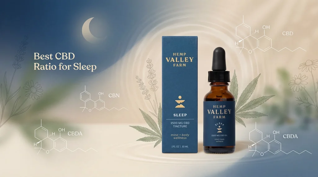 Sleep CBD tincture by Hemp Valley Farm with scientific cannabinoid graphics illustrating the best CBD ratio for sleep.