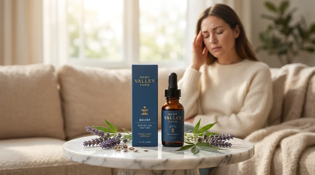 Woman experiencing migraine with full spectrum CBD tincture for hormonal migraine relief