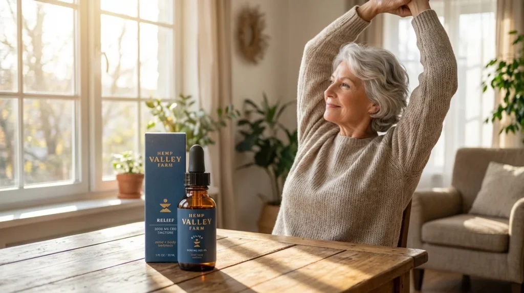 Senior using full-spectrum CBD tincture for natural lower back pain relief without NSAIDs